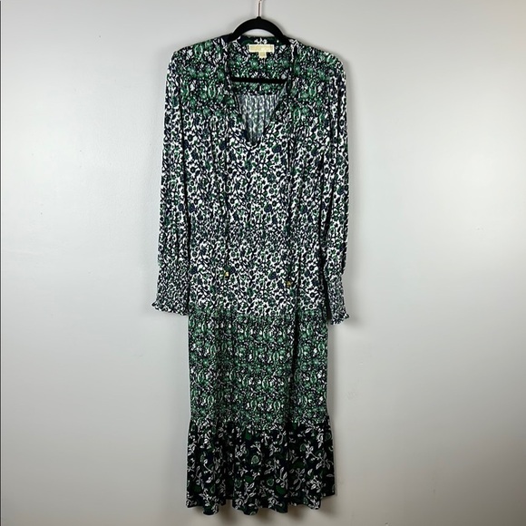 MICHAEL Michael Kors Boho Tiered Mix Print Peasant Midi Dress Medium Blue Green - Picture 2 of 12